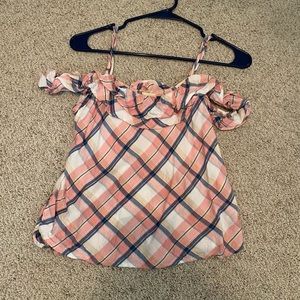 Pink Plaid Cutoff Shoulder Top